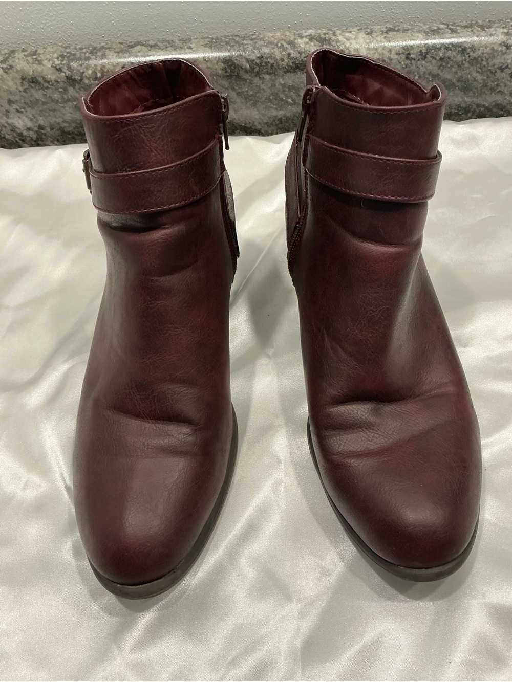 JustFab Side Buckle Ankle Boot in Brown Burgundy